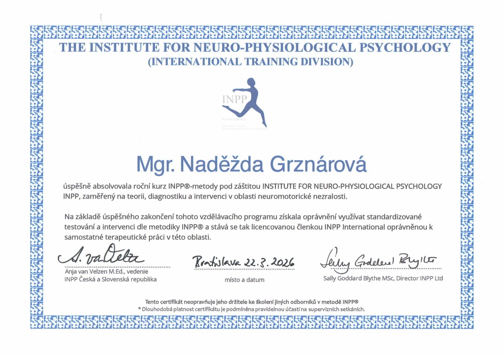 Certifikát INPP - Naďa Grznárová 